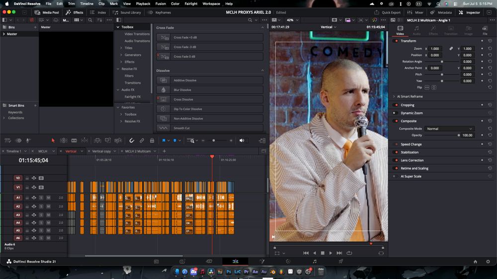 Timeline de edición multicámara en DaVinci Resolve